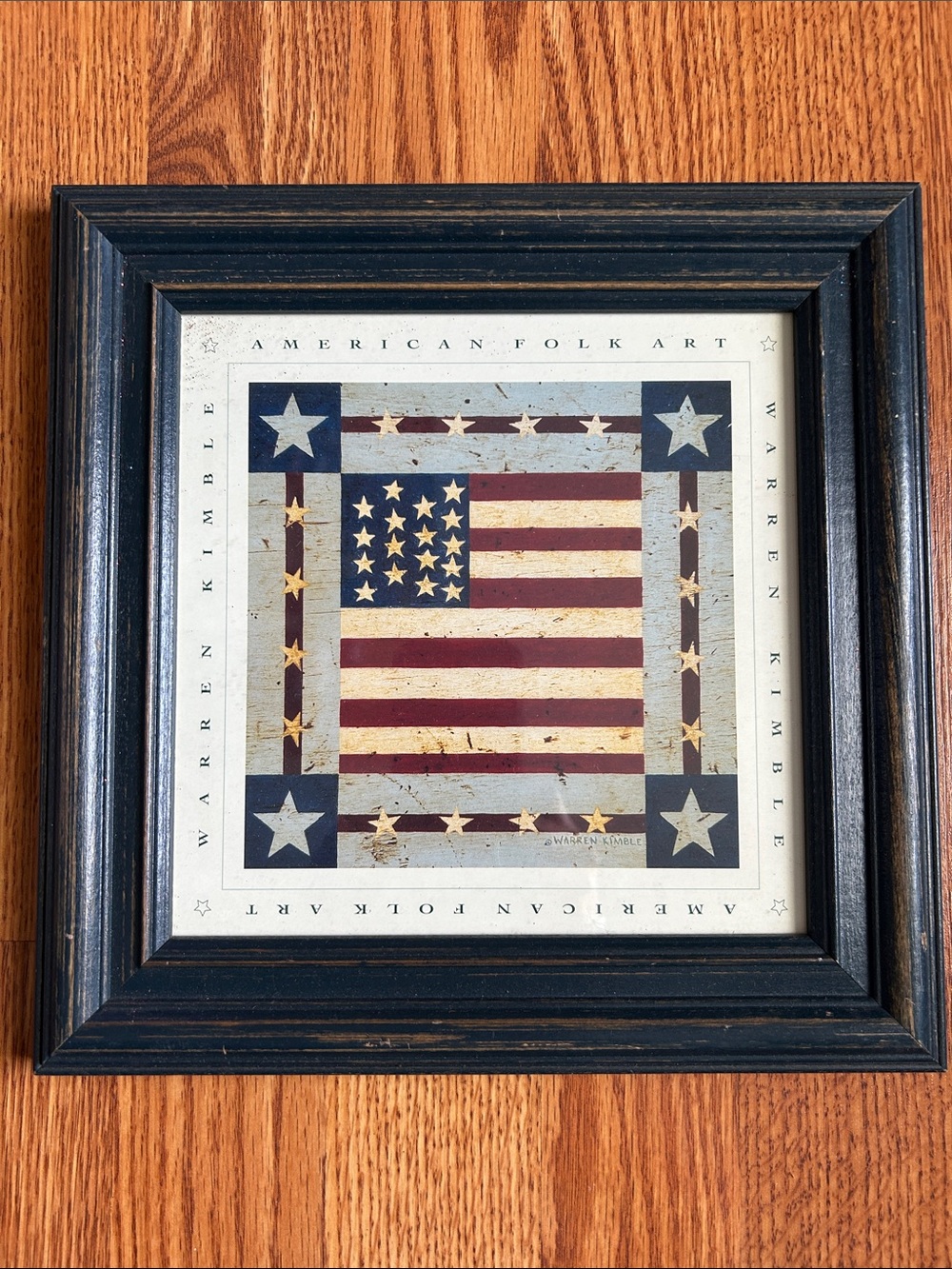 Warren Kimble American Fold Art American Flag Print in Distressed Blue Frame